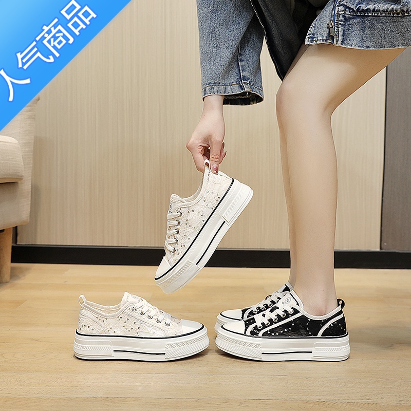 SUNTEK网面透气帆布鞋女蕾丝2023新款夏季网鞋休闲舒适板鞋厚底小白鞋板高清大图