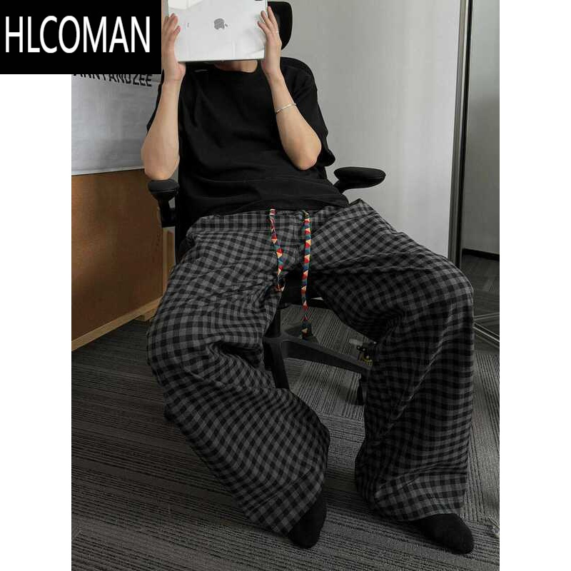 HLCOMAN美式复古cleanfit复古彩色飘带格子休闲裤男夏季bf慵懒薄款阔腿裤