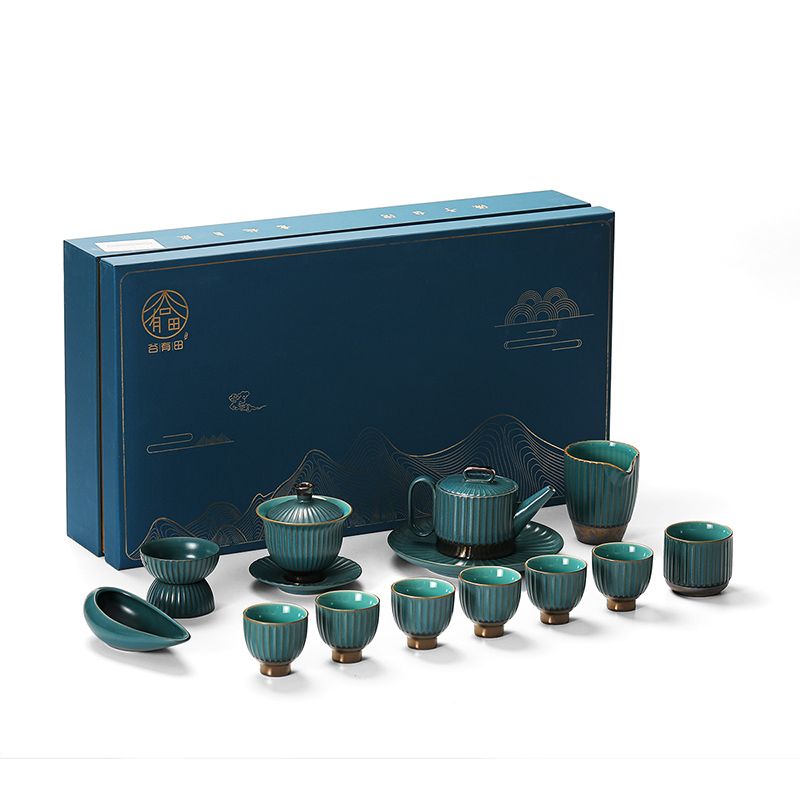 領藝 花棱窑变功夫茶具套装家用送礼办公室会客整套陶瓷泡茶器整套礼盒装不含茶盘和假山笔架摆件