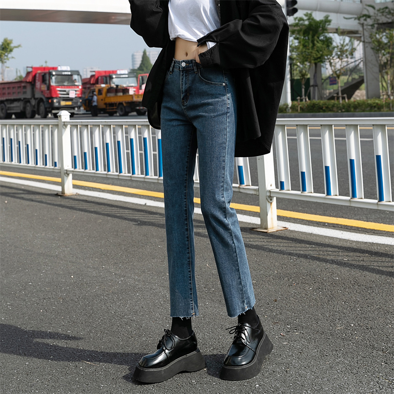 2021春季新款高腰弹力牛仔裤女修身显瘦小个子小直筒女士牛仔裤九分裤
