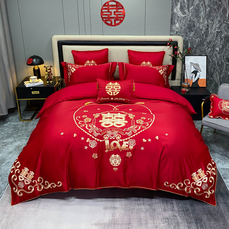 婚庆四件套全棉龙凤中式结婚大红色纯棉多件套刺绣新婚嫁床上用品