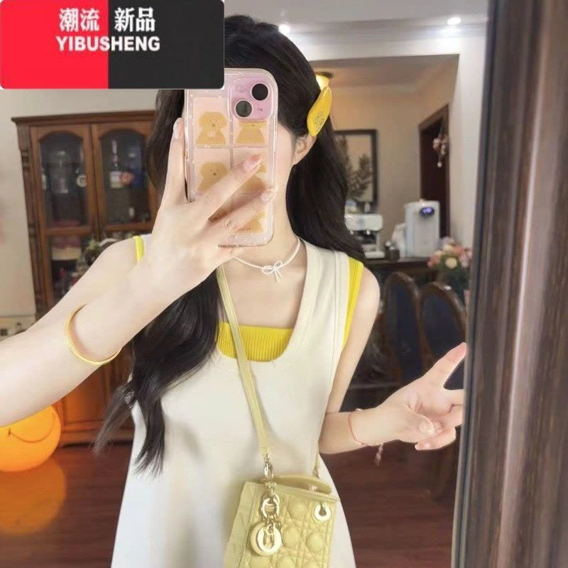 YIBUSHENG今年流行的装女微胖多巴胺穿搭配一整套法式背带连衣裙子两件套图片