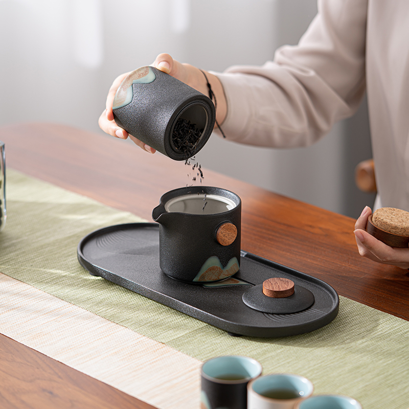 苏氏陶瓷(SUSHI CERAMICS)手绘釉画彩千里江山四色杯云舒壶套装干泡盘禅黑文创伴手礼套组