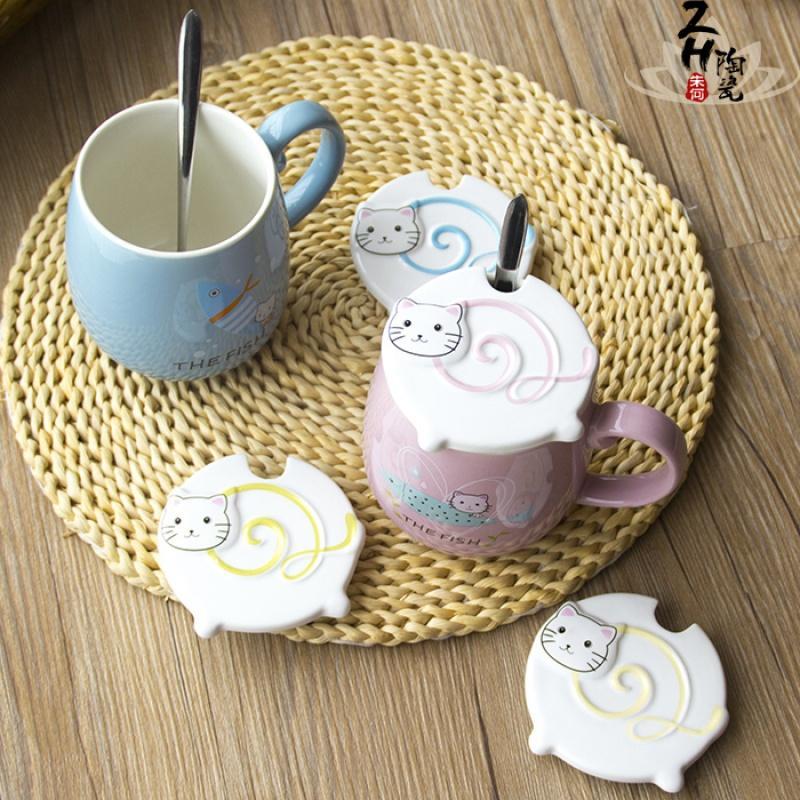 卡通杯子陶瓷马克杯带盖勺可爱牛奶杯早餐杯咖啡杯办公室喝水杯女