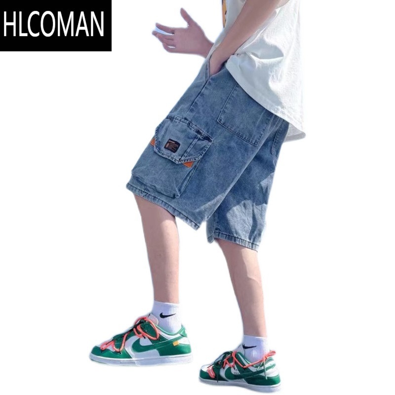 HLCOMAN复古水洗牛仔短裤男夏季潮牌嘻哈宽松五分裤多口袋松紧腰工装中裤高清大图