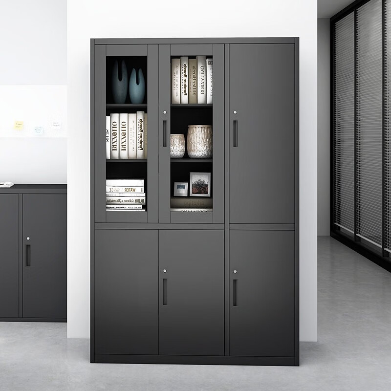 科野 文件柜铁皮柜办公柜黑色档案柜钢制柜书籍资料文档柜玻璃门柜子带锁矮柜 六门书柜(右)高清大图