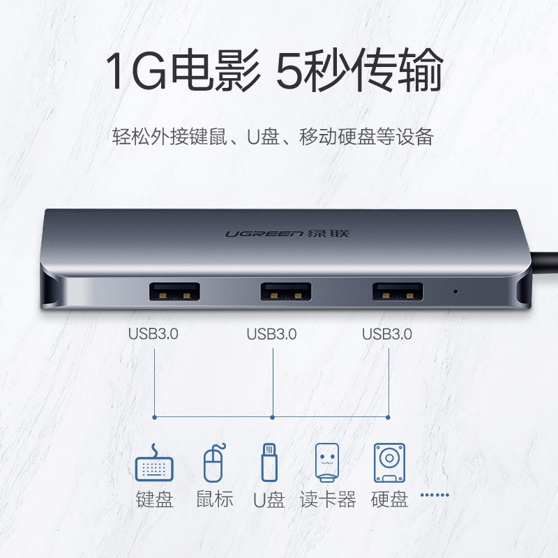 绿联 Type-C扩展坞USB-C转HDMI/VGA千兆网口网线转换器3.0分线器 USB-C转千兆有线网卡网口线接