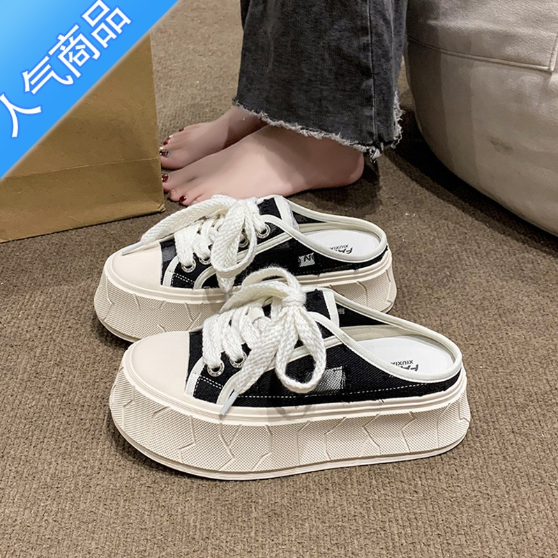 suntek欧货半拖鞋女夏外穿松糕厚底小白鞋无后跟小香风帆布运动包头凉