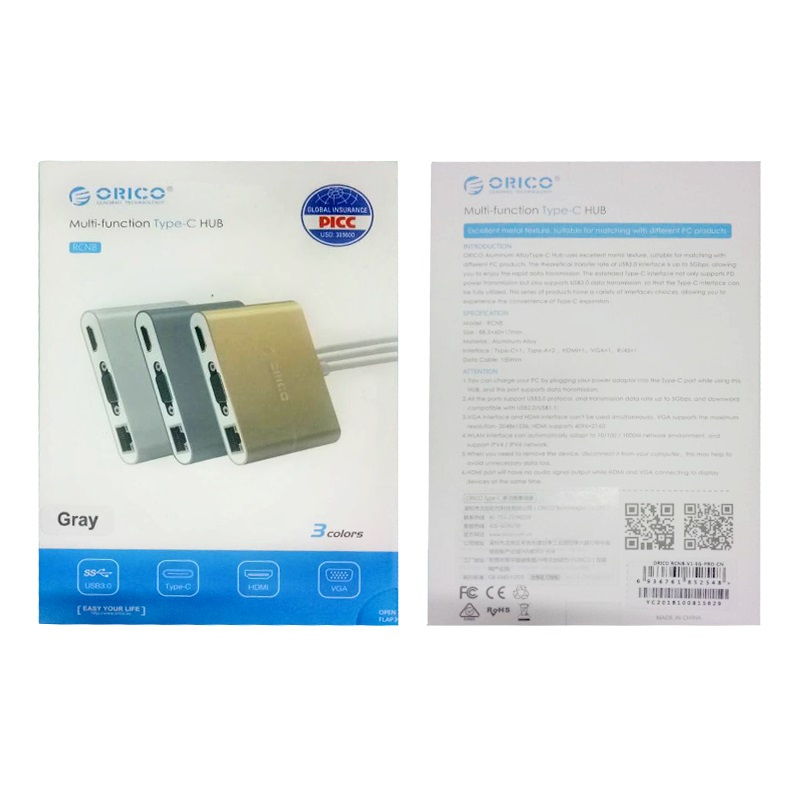 奥睿科（ORICO）RCNB Type-c笔记本扩展坞转USB3.0通用分线器 HDMI/VGA+网口PD双向供电 灰色