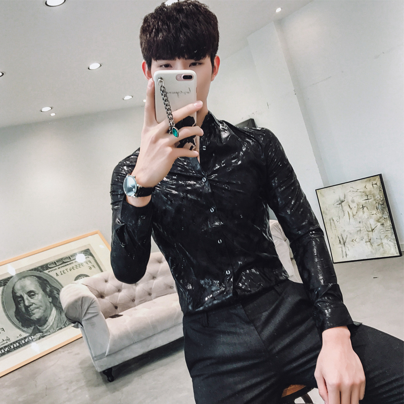 2018春装新品男款长袖衬衫休闲时尚个性花衣服潮流韩版型师寸衣