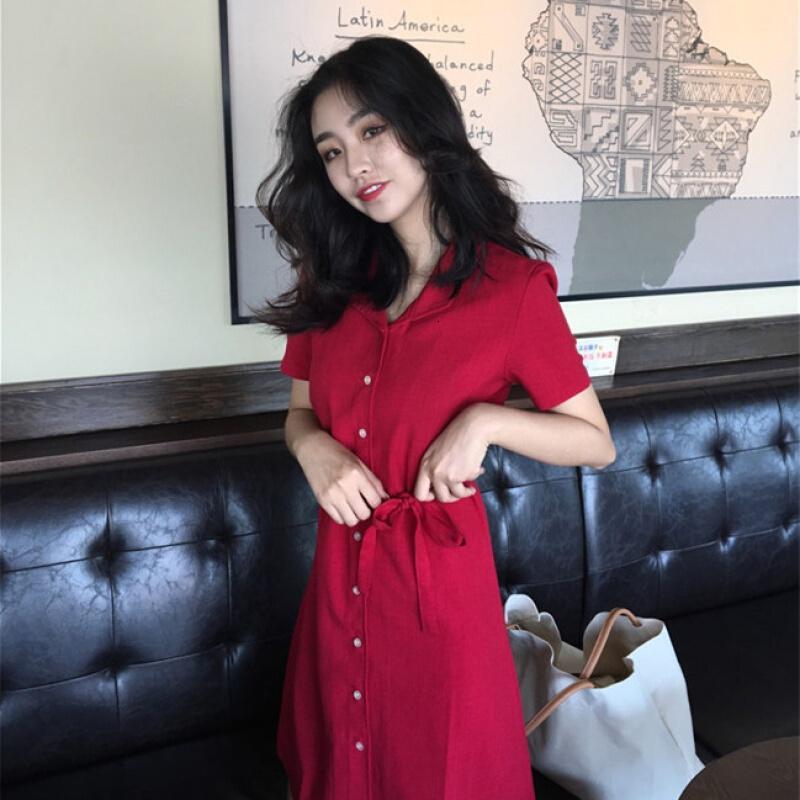 夏季韩范宽松单排扣v领衬衫裙复古红系带短袖连衣裙女复古红
