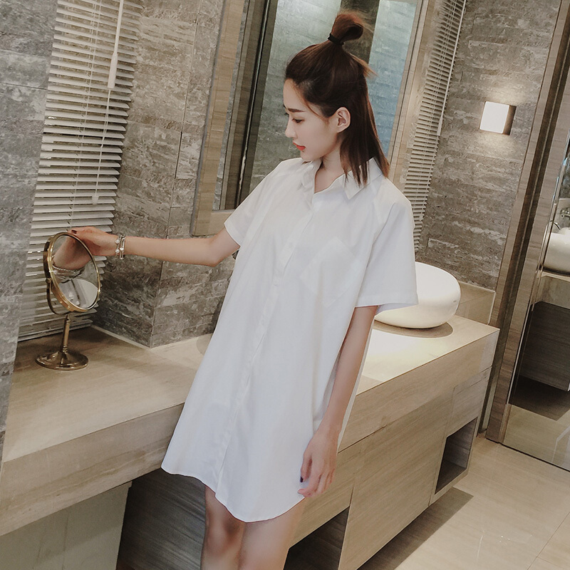 白衬衫睡衣女夏纯棉短袖中长款男友风宽松性感可外穿春秋季睡裙薄