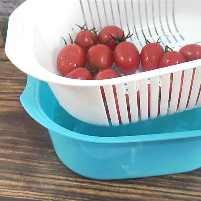 小号蓝色一个 双层加厚沥水篮果蔬盆洗菜水果盆塑料厨房清洗家用简约