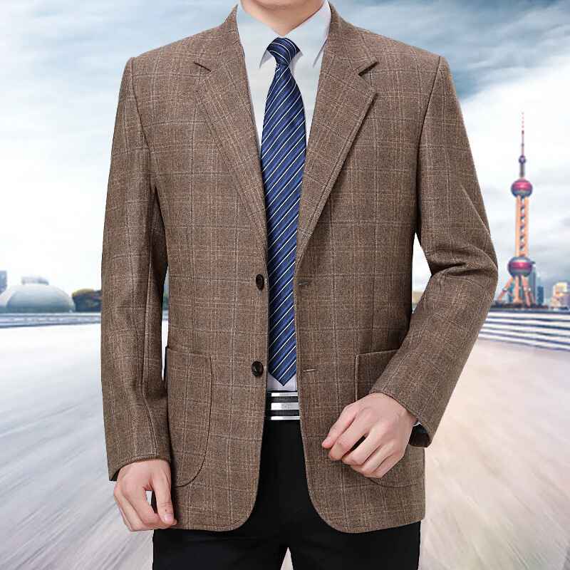 迪鲁奥（DILUAO)春秋中老年男士羊毛呢西服外套男厚款中年西装上衣爸爸装休闲便西_604_149 卡其色 170(125斤-140斤穿)