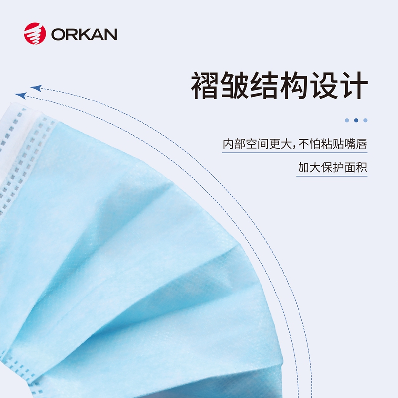 Orkan一次性防护MY1090三层防护熔喷透气成人蓝色平面防飞沫防霾PM2.5防尘防花粉50只装日用工作旅行佩戴用口罩
