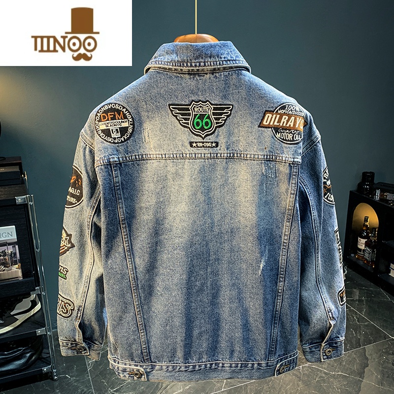 YANXU潮男牛仔外套2023美式复古个性刺绣外穿宽松长袖牛仔衣夹克男 L125-140斤 蓝色LFS2039