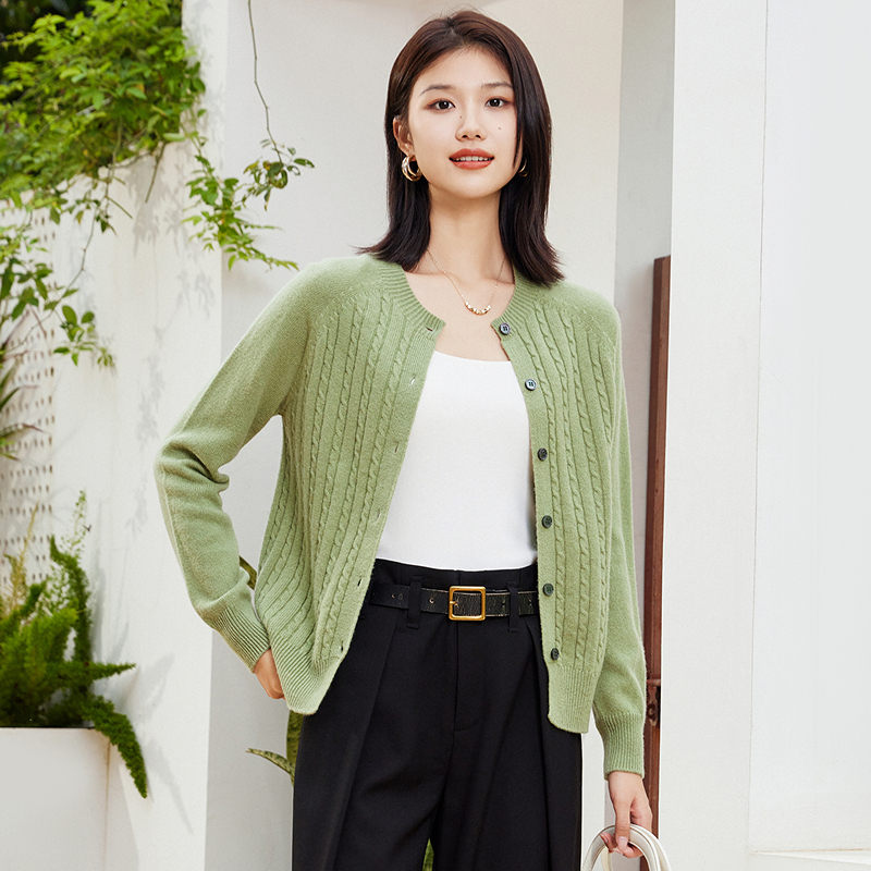 [100%绵羊毛]恒源祥羊毛衫女纯色单排扣针织开衫减龄绞花毛衣