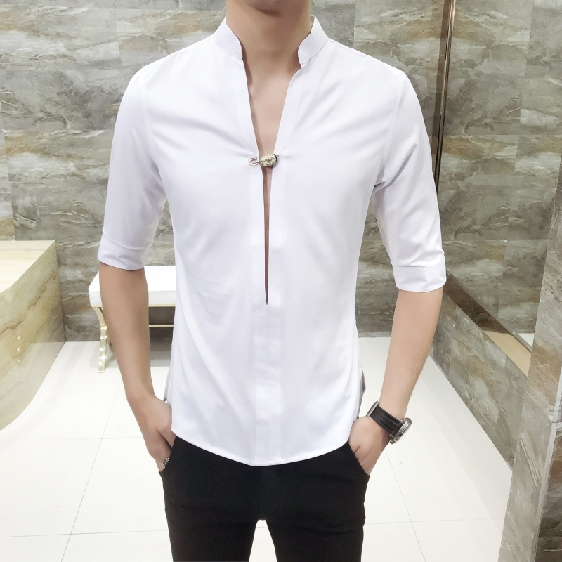 18新款男中国风修身v领个性七分袖衬衫型师潮会所ktv夜场中短袖