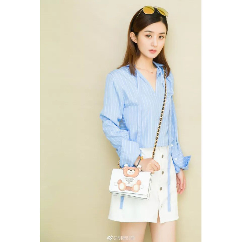筱筃笛2017明星同款赵丽颖蓝色条纹长袖衬衫