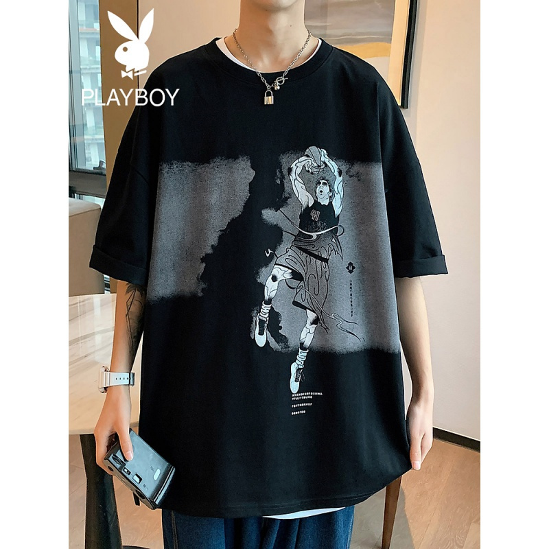 花花公子短袖T恤男夏季重磅印花潮牌打底衫ins潮上衣宽松体恤衣服