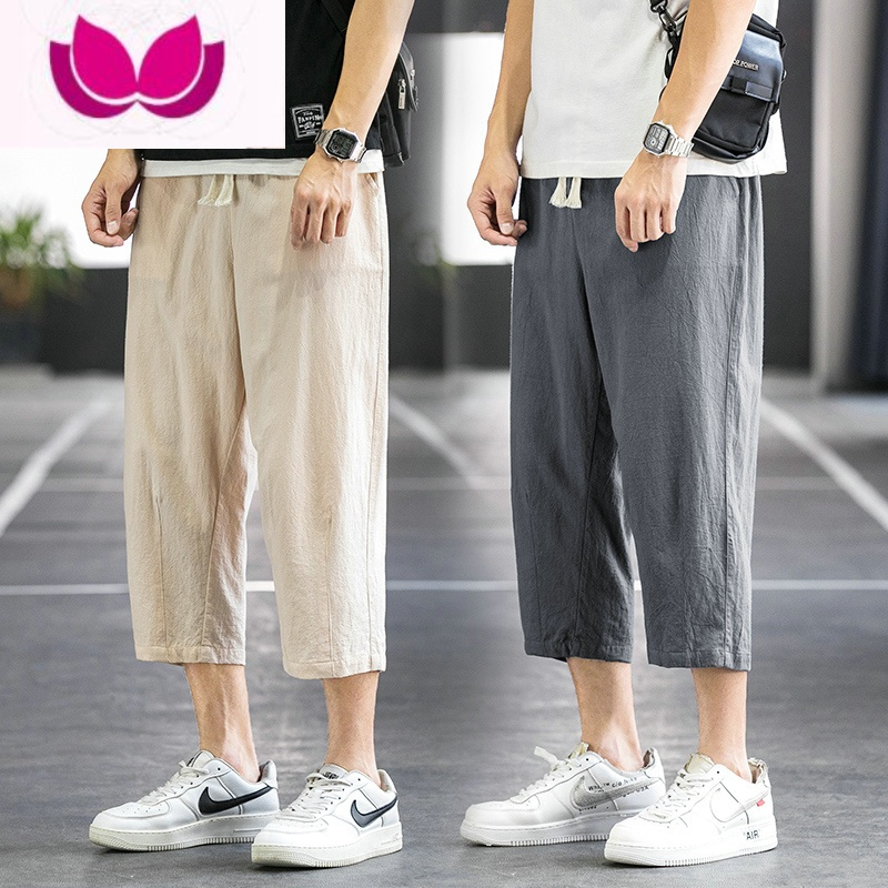 七斓棉麻七分裤子男夏季薄款冰丝宽松直筒速干运动短裤亚麻休闲五分裤