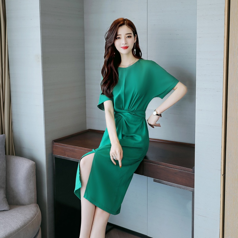 收腰开叉连衣裙女夏装女士新品气质淑女装遮肚子藏肉显瘦夏天裙子