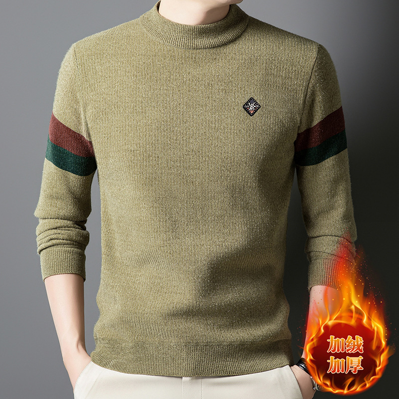 男士高档雪貂绒毛衣秋冬季加绒半高领纯色针织衫柔软中年线衣男装_81116高清大图