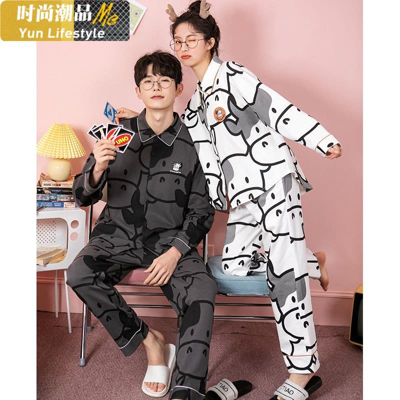 YUNWUXIN梦米诺睡衣女春秋季新款套装情侣奶牛长袖男士宽松薄款棉家居服睡衣图片