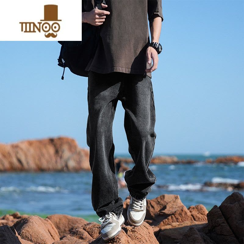 YANXU水洗复古蓝牛仔裤男士宽松直筒男生高街潮流潮牌休闲长裤子图片