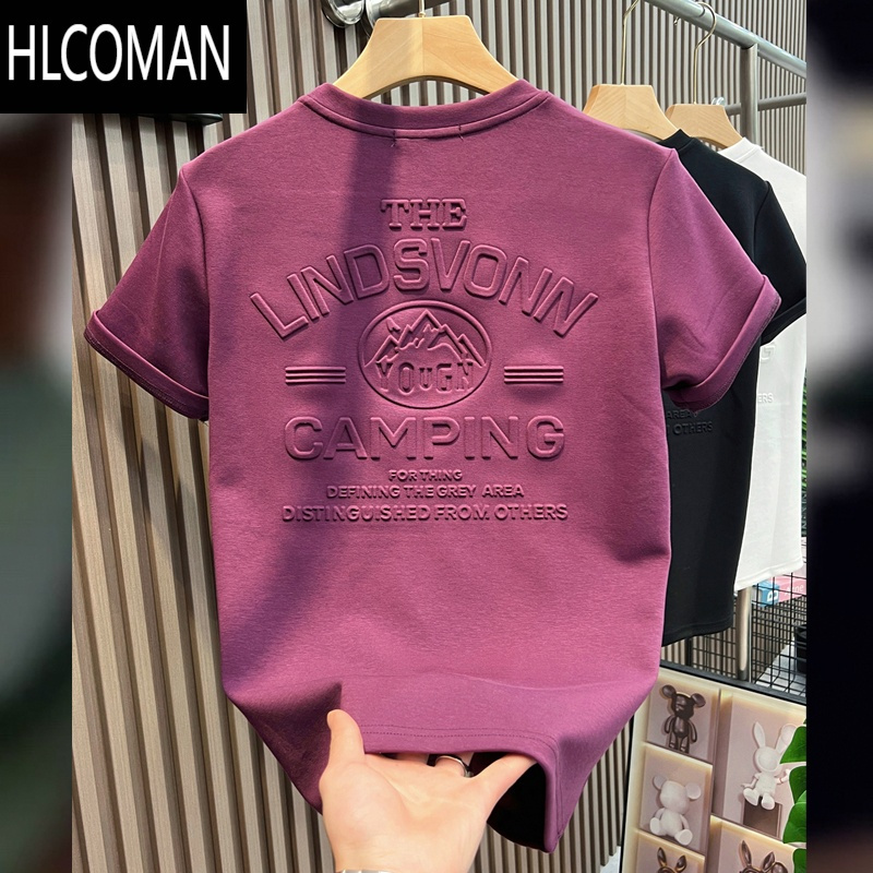 HLCOMAN2025年夏季新款男士百搭潮流钢印短袖T恤潮流宽松时尚简约上衣服