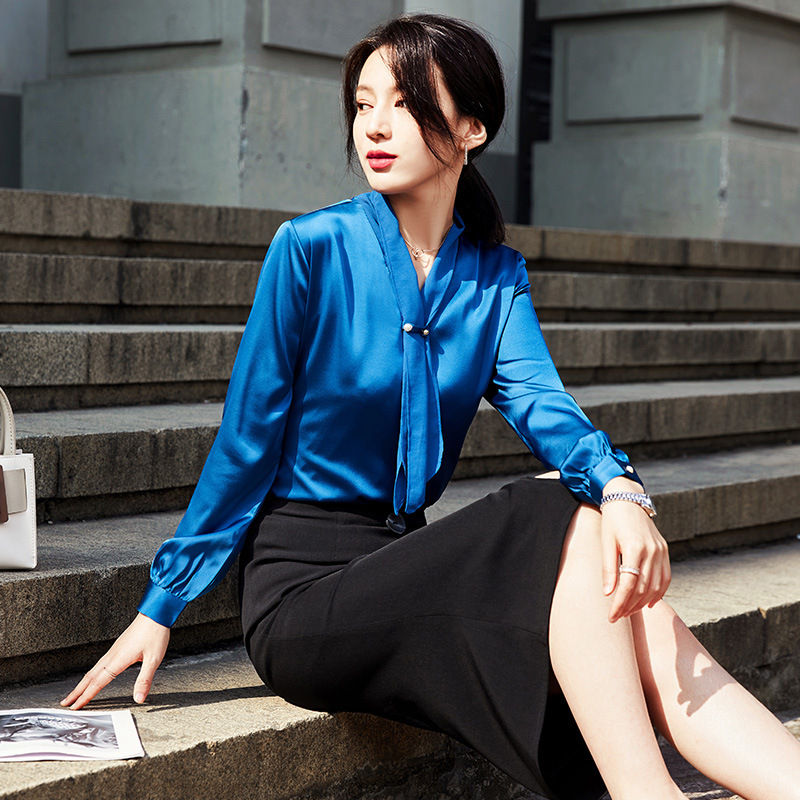 女先生女士衬衫职业v领飘带衬衫女大码垂感休闲衬衣醋酸缎面工作服秋