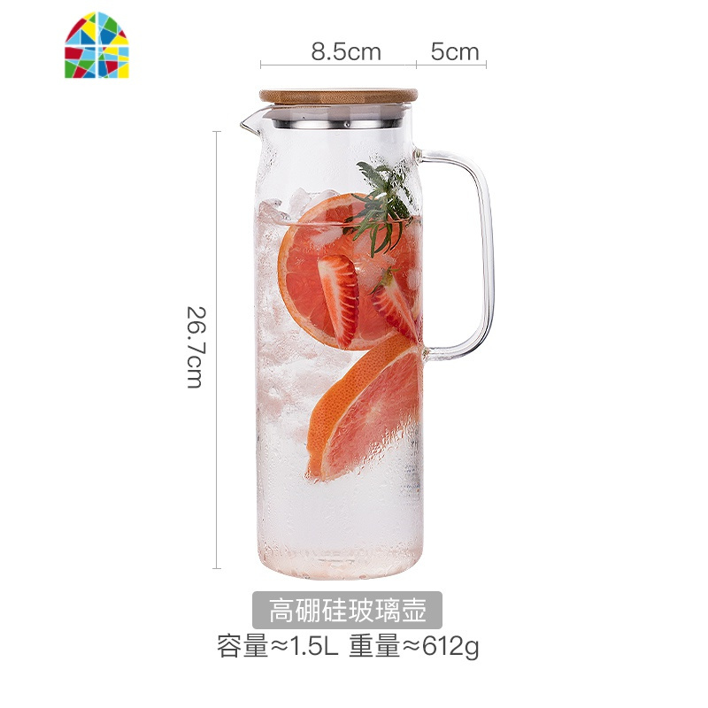 冷水壶玻璃可高温家用套装 北欧大容量柠檬果汁壶凉水壶水具扎壶 FENGHOU 1.5L冷水壶+2个带把玻璃杯送杯刷