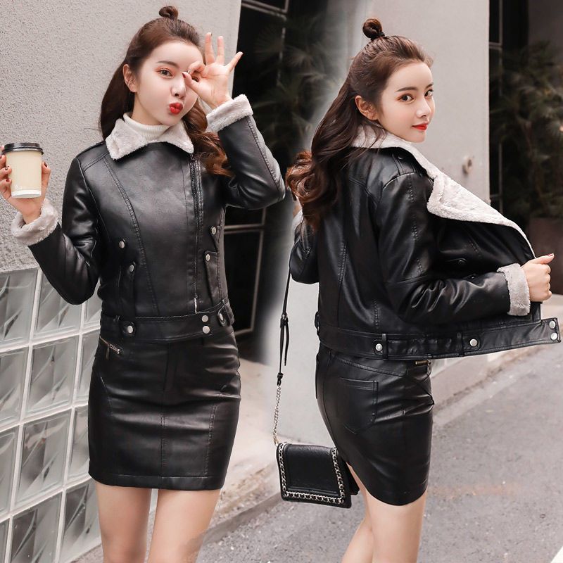 小皮衣女防寒新款短款加绒加厚pu皮夹克机车皮毛一体外套女秋冬潮