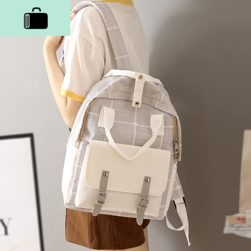 日系ins百搭大容量书包双肩包女韩版高中生大学生格子小清新背包NEWLAKE AH988灰色