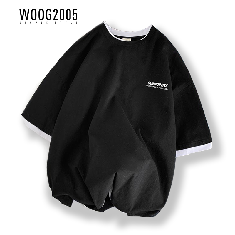 WOOG2005假两件t恤男宽松简约圆领短袖上衣ins港风嘻哈夏季情侣装