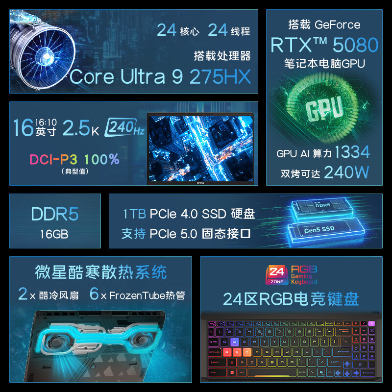 微星(MSI)泰坦16 AI 2025 16英寸游戏笔记本电脑(酷睿Ultra 9-275HX 满血RTX5080 16G 1TB 2.5K/240Hz屏)