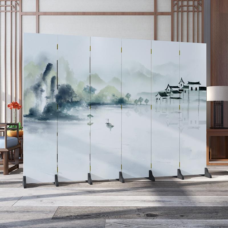 森美人北欧简约屏风隔断墙卧室遮挡家用客厅餐厅折叠移动布艺经济型折屏 香槟色花鸟山水21