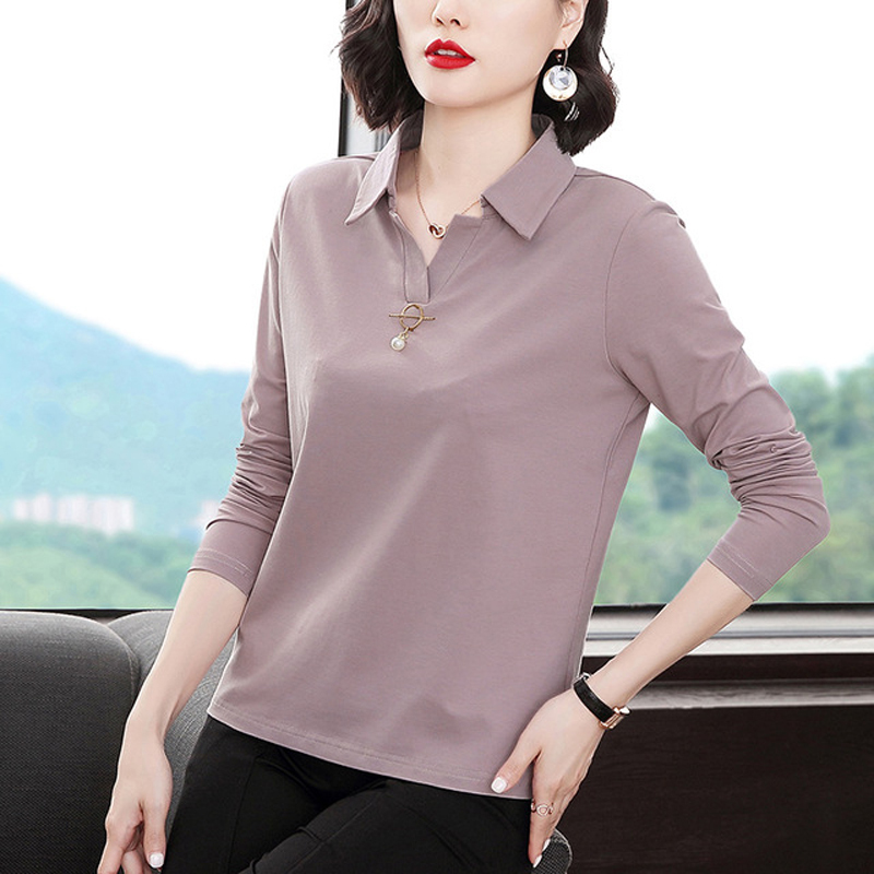 艳如飞加大码棉长袖t恤女秋衣外穿中年妈妈翻领棉中老年宽松有领t血