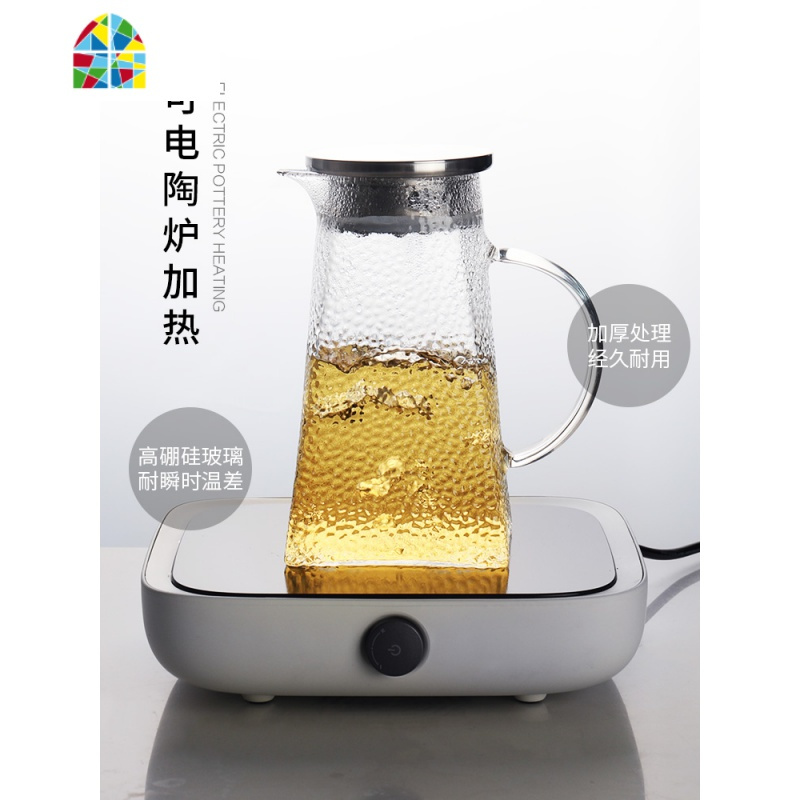 锤纹玻璃凉水壶大容量耐热泡茶壶一壶二杯套装冷饮果汁把手壶 FENGHOU 一壶两杯带托盘(矮杯)