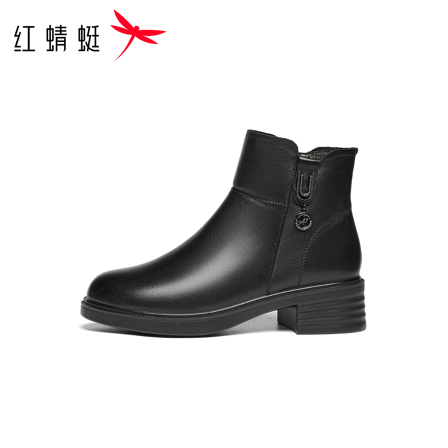 红蜻蜓女靴冬季新款时尚短靴粗跟保暖加绒棉靴棉靴真皮保暖棉鞋高清大图