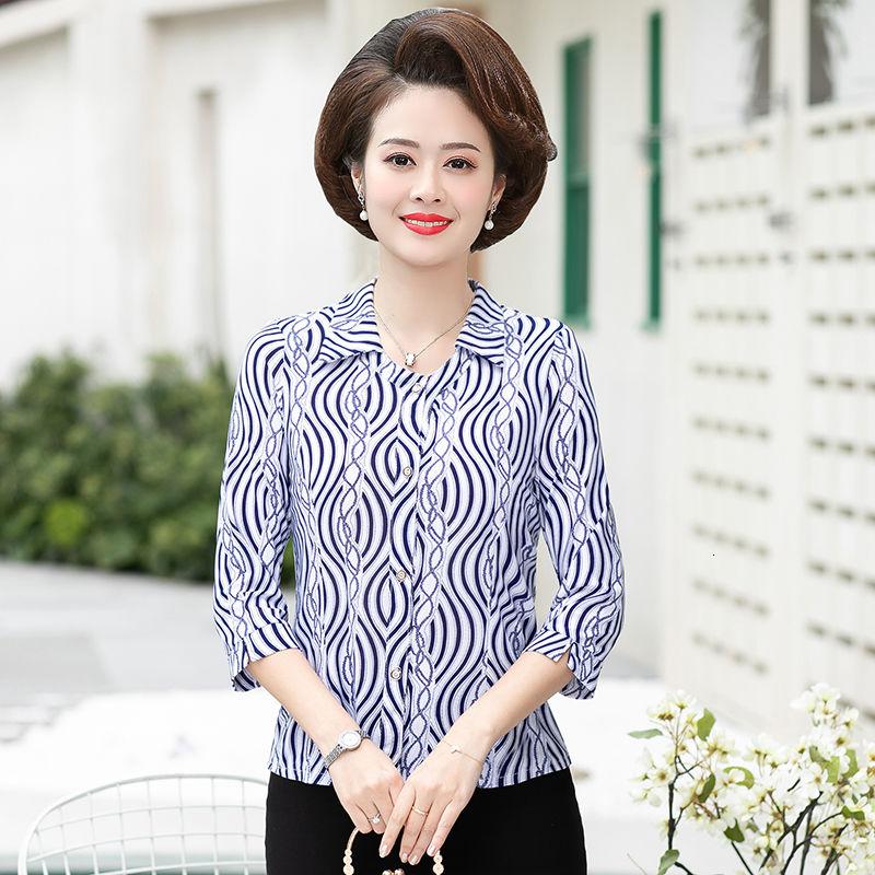 中老年女装夏装长袖衬衫女妈妈装衬衣服中老年人印花上衣小衫臻依缘