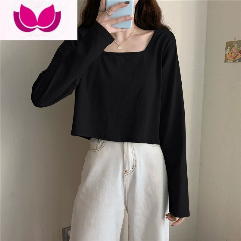 七斓黑色打底衫女内搭2023年新款大u低领口长袖t恤宽松上衣薄款