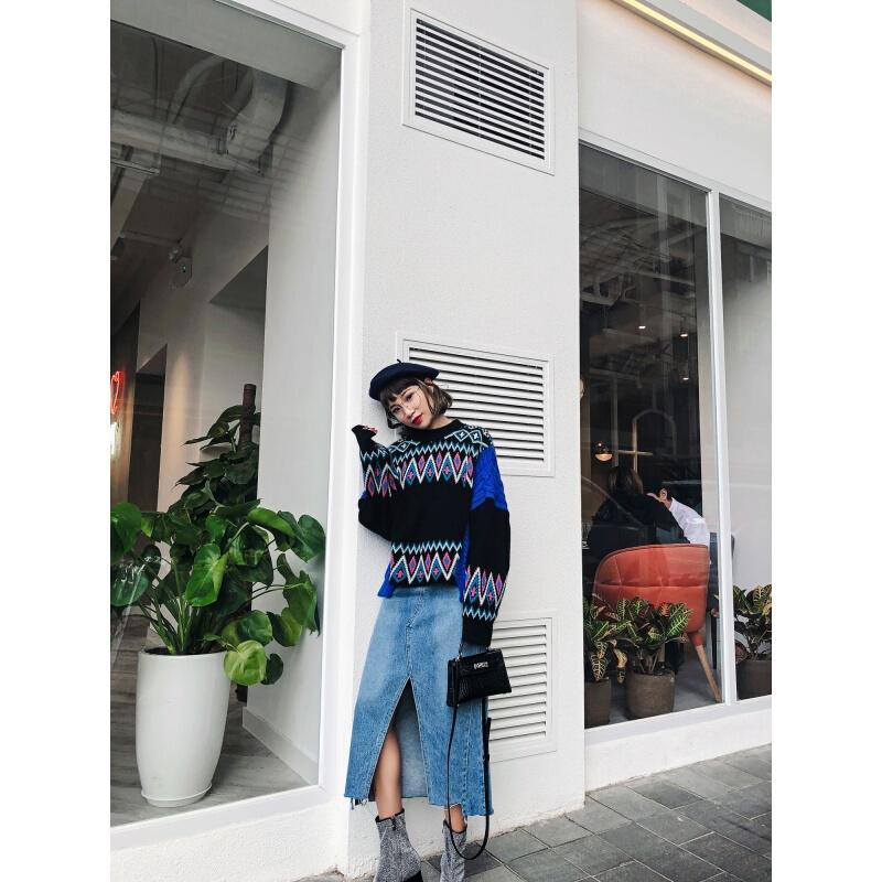 2018春韩版牛仔半身裙女中长款开叉高腰过膝裙子蓝色