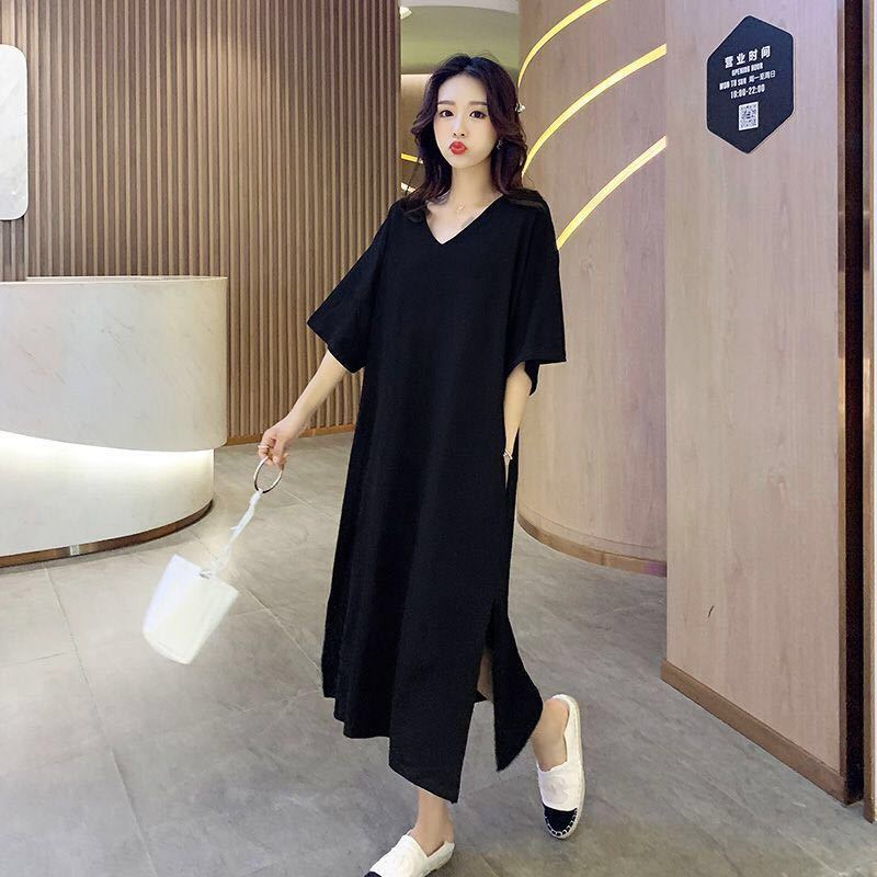 艳如飞特大码女装t恤胖mm200斤230加肥加大连衣裙长款宽松过膝半袖潮240大码女装