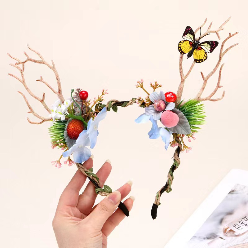 圣诞节头饰女发光头箍发饰压发发卡装扮森系小鹿角发箍麋鹿角发夹 鲜花杨梅蜜桃+彩灯
