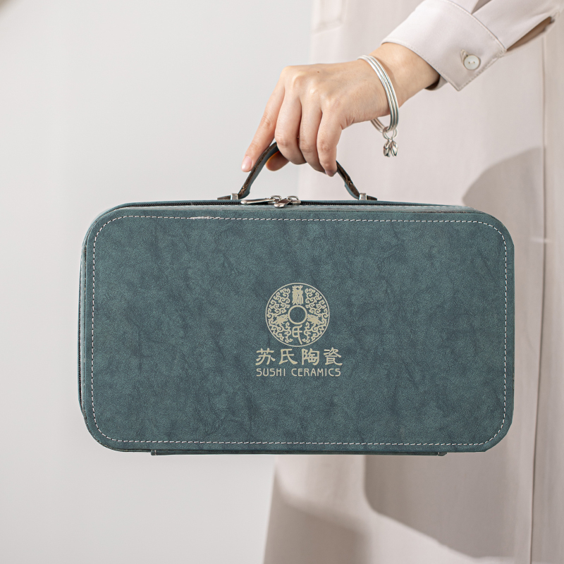 苏氏陶瓷(SUSHI CERAMICS)手绘釉画彩千里江山四色杯行云壶套装禅黑文创伴手礼套组