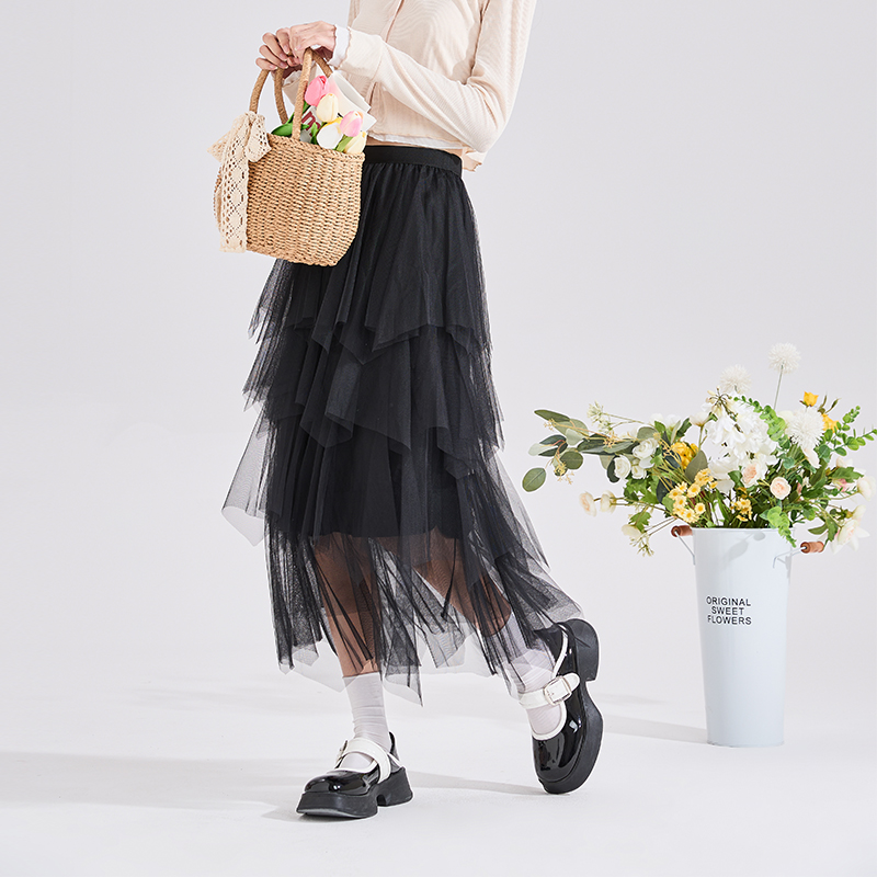 唐狮半身裙女中长款夏季质感仙女纱裙宽松甜美黑色蛋糕裙BQ