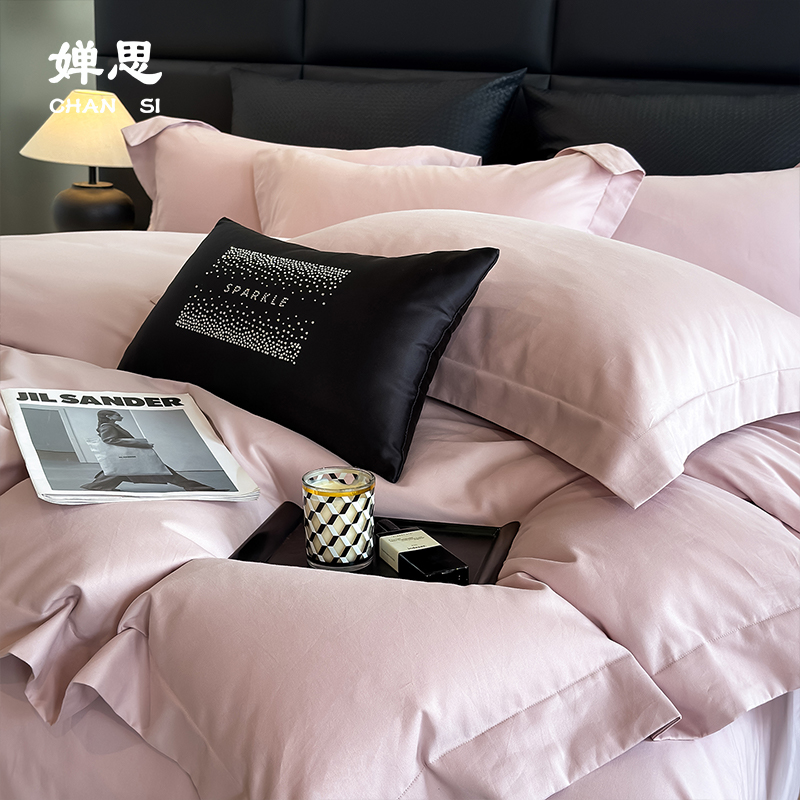 婵思 60S磨毛纯色婴肤棉四件套 柔雾橡皮粉高清大图