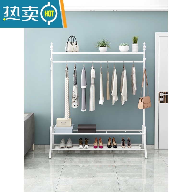 敬平衣架落地卧室内单杆式凉衣架家用收纳置物架挂衣架简易晒晾衣架子 双置物板加高款120*170白色(双重收纳更多东西)高清大图