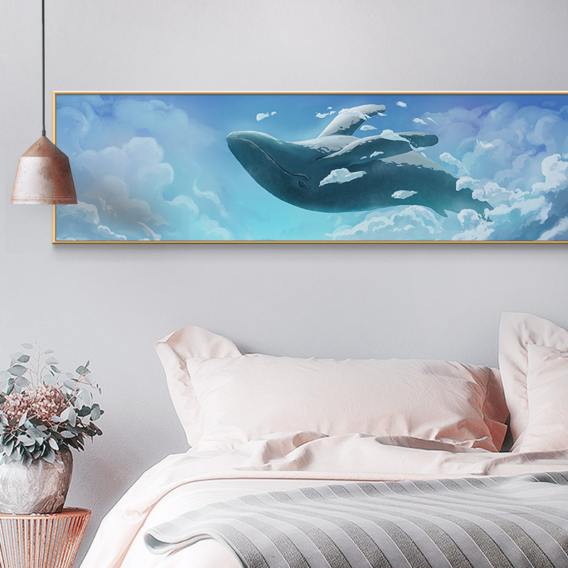 北欧卧室床头装饰画现代简约挂画鲸鱼蓝色ins风少女房间客厅壁画